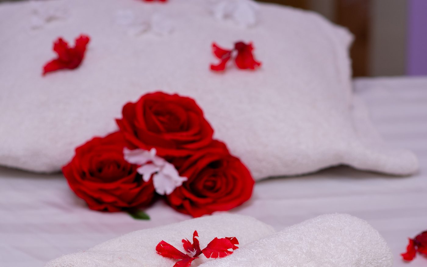 Fresh towels and rose petals prepared on a spa bed