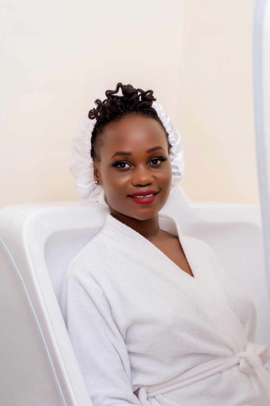Portrait of a guest wrapped in a spa headwrap